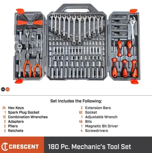 Crescent 180 Piece 1/4" & 3/8" Drive 6 Point SAE/Metric Professional Tool Set CTK180