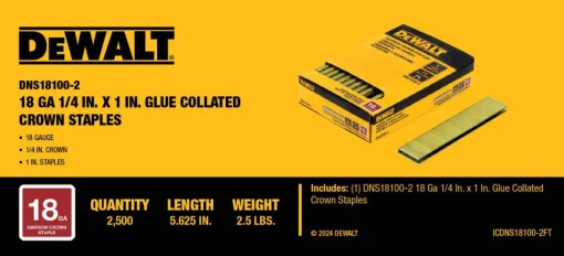 DeWalt 18 Gauge Narrow Crown Stables 1/4" Crown 1" Staples - 2,500PK DNS18100-2
