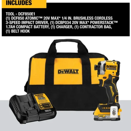 DeWalt ATOMIC 20V MAX Brushless Cordless 3-Speed 1/4" Impact Driver POWERSTACK Kit DCF850E1
