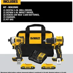 DeWalt ATOMIC 20V MAX Brushless 1/2" Hammer Drill Driver, 1/4" Impact Driver Kit DCK226D2