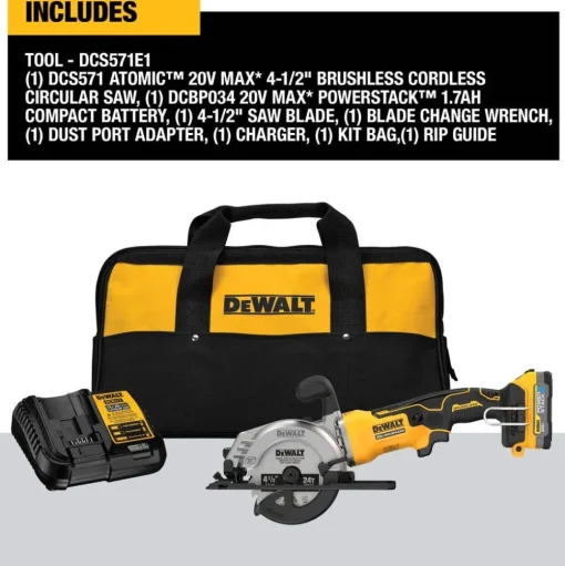 DeWalt ATOMIC 20V MAX* Brushless 4-1/2" Cordless Circular Saw Kit DCS571E1