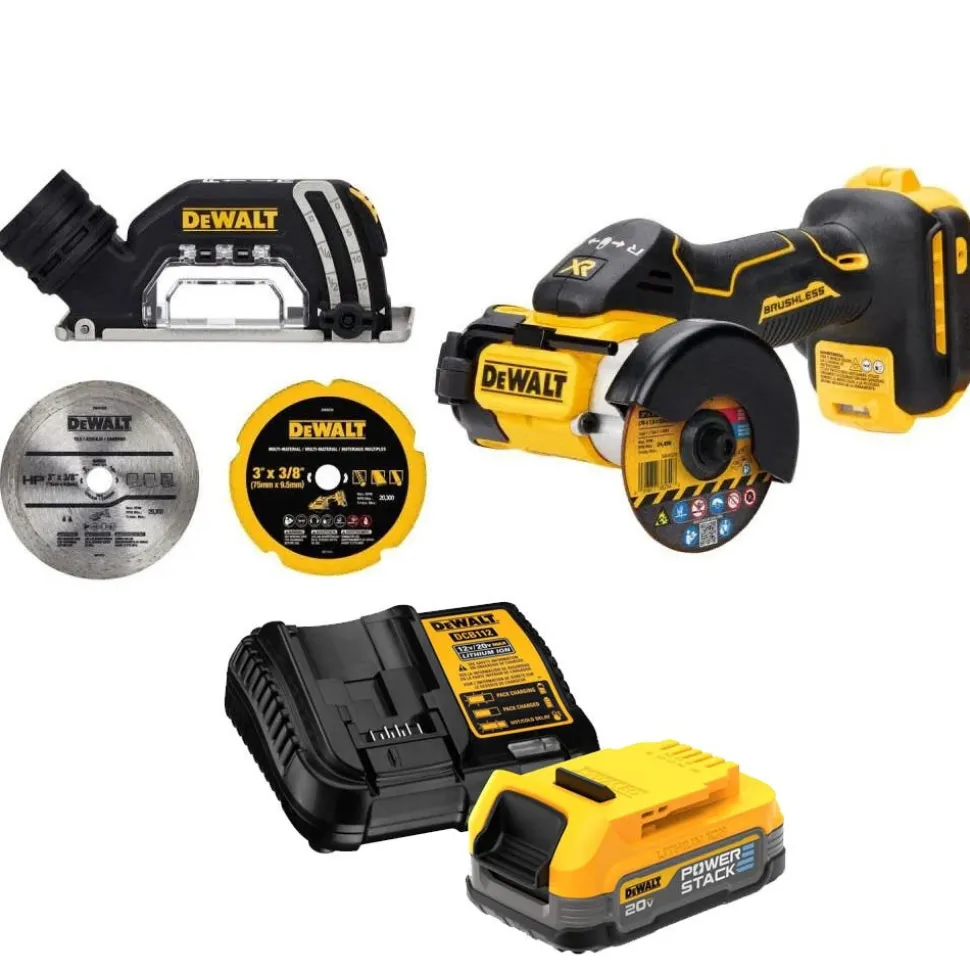 DeWalt 20V MAX XR Cut Off Tool 3" Brushless Cordless With POWERSTACK 20V MAX Compact Battery Charger Starter Kit DW-DCBP034C-DW-DCS438B