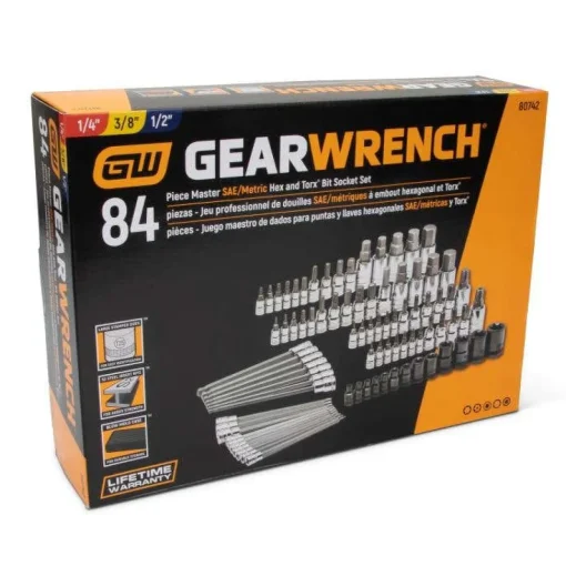 Gearwrench 84 Piece 1/4", 3/8" & 1/2" Drive Hex/Ball End Hex/Tamper Proof Torx/External Torx/Torx SAE/Metric Bit Set 80742
