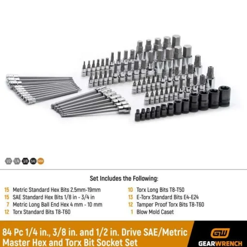 Gearwrench 84 Piece 1/4", 3/8" & 1/2" Drive Hex/Ball End Hex/Tamper Proof Torx/External Torx/Torx SAE/Metric Bit Set 80742