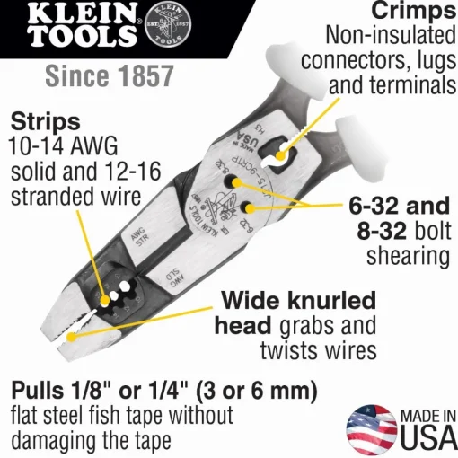 Klein Hybrid Pliers with Crimper, Fish Tape Puller and Wire Stripper J2159CRTP