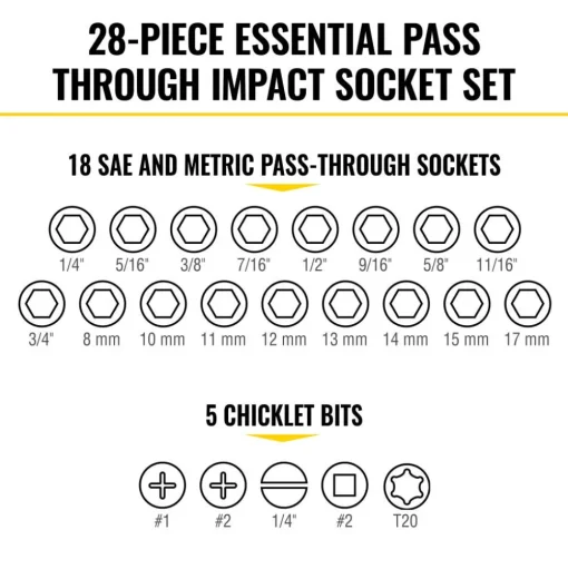 Klein Tools KNECT Essential Pass Through Impact Socket Set, SAE, Metric, 28-Piece 65400KNECT