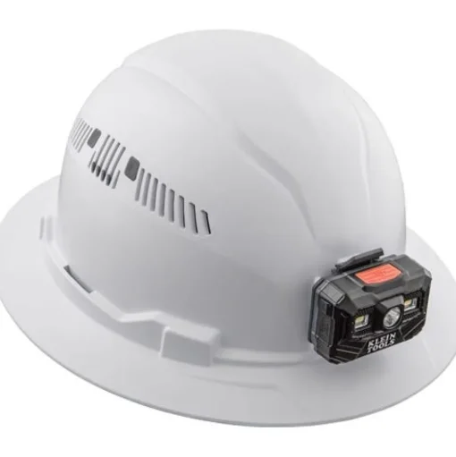Klein Vented Full Brim Hard Hat with Rechargeable Headlamp - White 60407RL