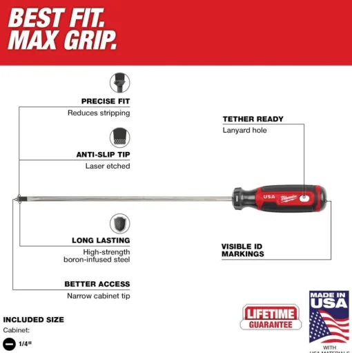 Milwaukee 1/4" Cabinet 10" Cushion Grip Screwdriver (USA) MT214