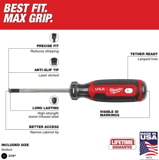 Milwaukee 3/16" Cabinet 3" Cushion Grip Screwdriver (USA) MT211