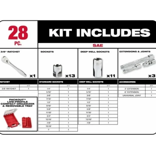 Milwaukee 3/8" Drive 28pc SAE Ratchet & Socket Set PACKOUT 48-22-9481