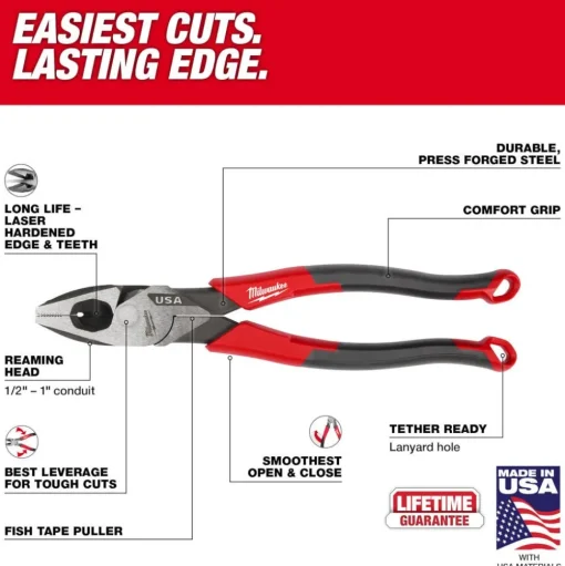 Milwaukee 9" Lineman's Comfort Grip Pliers (USA) MT550