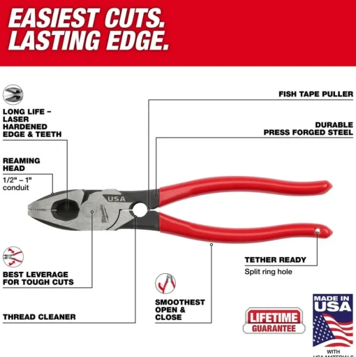 Milwaukee 9" Lineman's Dipped Grip Pliers w/ Thread Cleaner (USA) MT500T