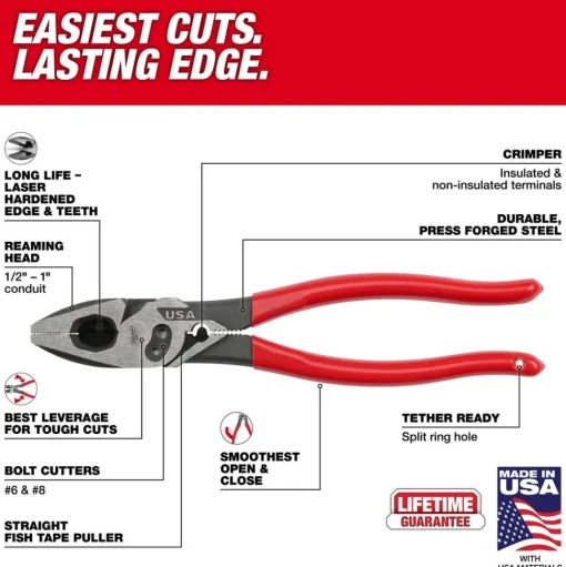 Milwaukee 9" Lineman's Dipped Grip Pliers w/ Crimper & Bolt Cutter (USA) MT500C