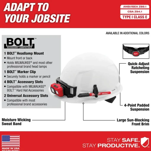 Milwaukee Blue Front Brim Unvented Type 1 Class E Hard Hat w/ 4pt Ratcheting Suspension 48-73-1104