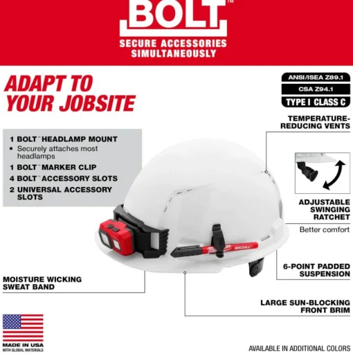 Milwaukee BOLT Hard Hat Vented, Class C Front Brim 6pt Suspension - White 48-73-1220