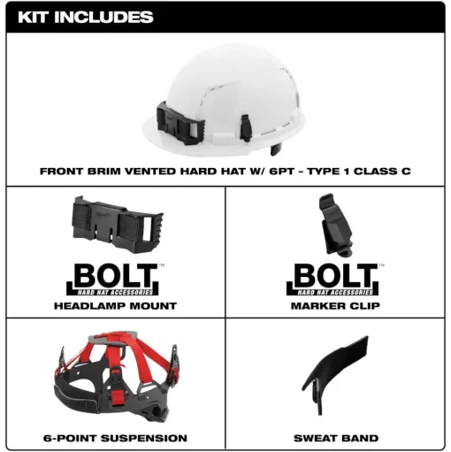 Milwaukee BOLT Hard Hat Vented, Class C Front Brim 6pt Suspension - White 48-73-1220