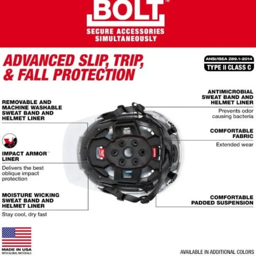 Milwaukee BOLT Type 2, Class C Vented Front Brim Safety Helmet w/ IMPACT ARMOR Liner - Red 48-73-1372