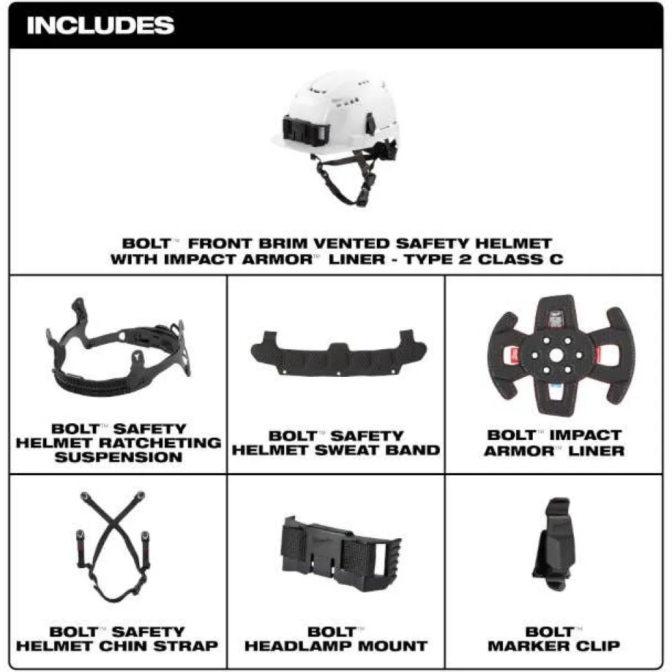 Milwaukee BOLT Type 2, Class C Vented Front Brim Safety Helmet w/ IMPACT ARMOR Liner - Red 48-73-1372