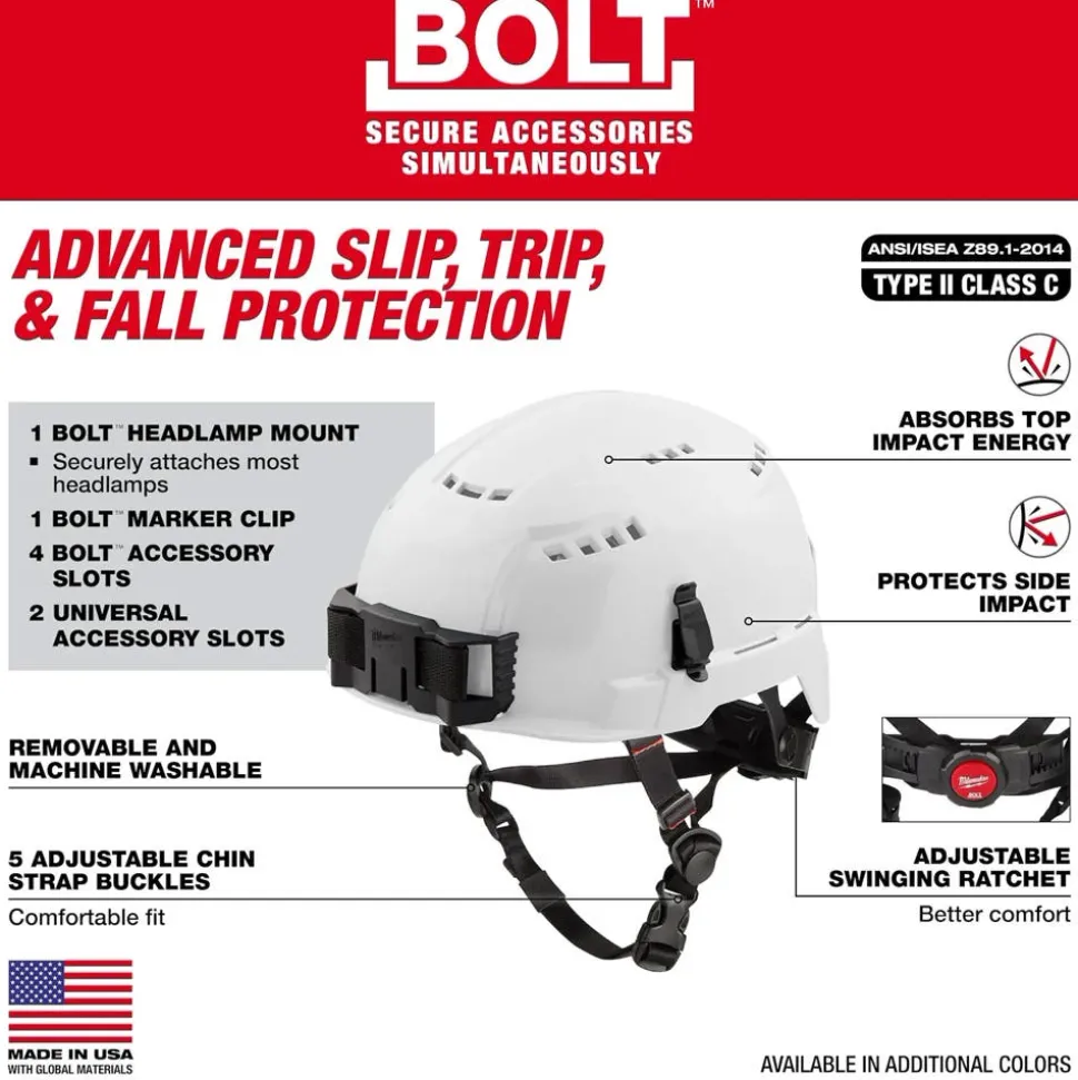 Milwaukee BOLT Type 2, Class C Vented Safety Helmet w/ IMPACT ARMOR Liner - White 48-73-1350