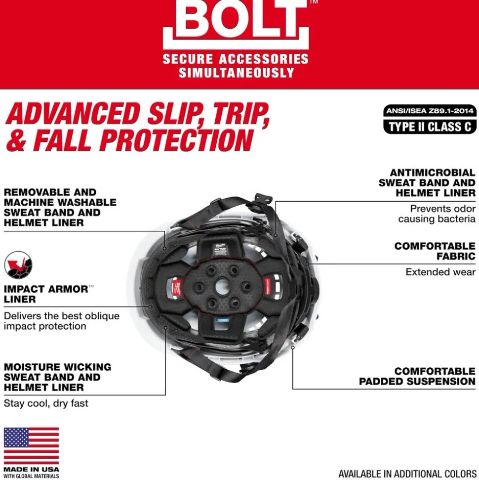 Milwaukee BOLT Type 2, Class C Vented Safety Helmet w/ IMPACT ARMOR Liner - White 48-73-1350