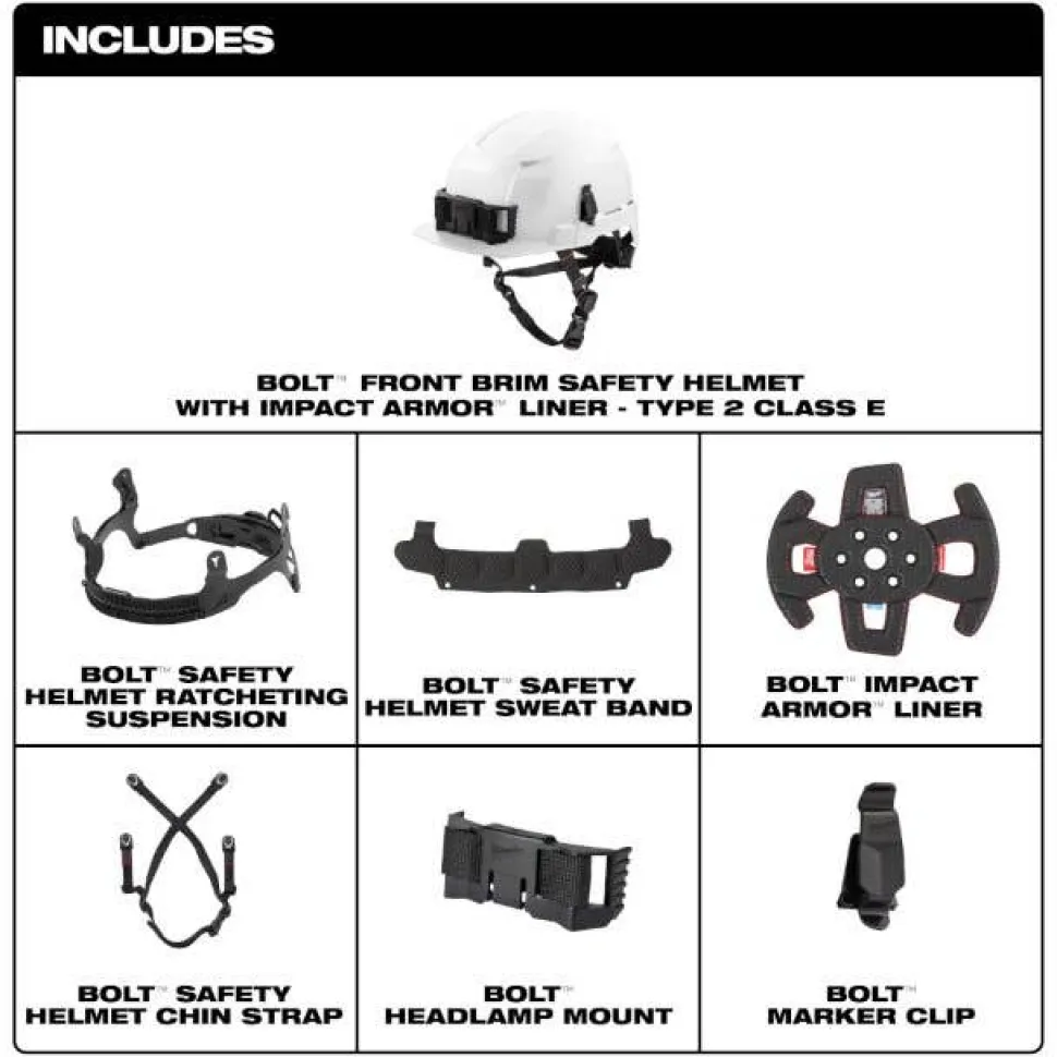 Milwaukee BOLT Type 2, Class E Unvented Front Brim Safety Helmet w/ IMPACT ARMOR Liner - Black 48-73-1375