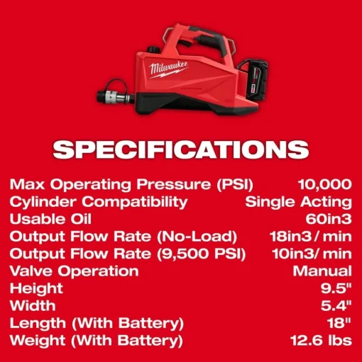 Milwaukee M18 Brushless Single Acting 60in3 10,000psi Hydraulic Pump 3120-21