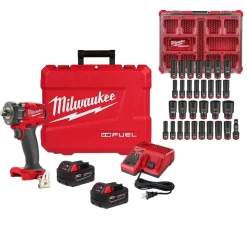 Milwaukee M18 FUEL 1/2 " Compact Impact Wrench Pin Detent Kit + 31pc. Impact Duty Metric/SAE Deep Socket Set Bundle KIT-2855P-22R-49-66-6806