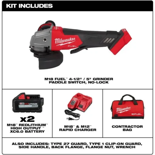 Milwaukee M18 FUEL 5" Braking Grinder w/ ONE-KEY Paddle Switch, No Lock & M18 FUEL 1/2" Compact Impact Wrench w/ Friction Ring Bare Tool