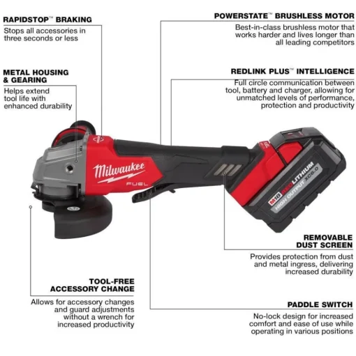 Milwaukee M18 FUEL 5" Braking Grinder w/ ONE-KEY Paddle Switch, No Lock & M18 FUEL 1/2" Compact Impact Wrench w/ Friction Ring Bare Tool