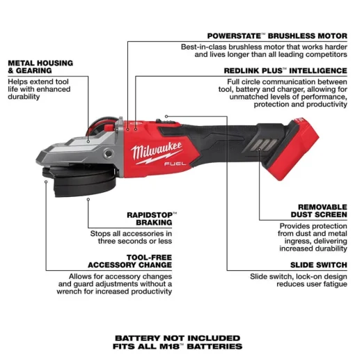 Milwaukee M18 FUEL 5" Flathead Braking Grinder w/ Slide Switch, Lock-On (Tool Only) 2887-20