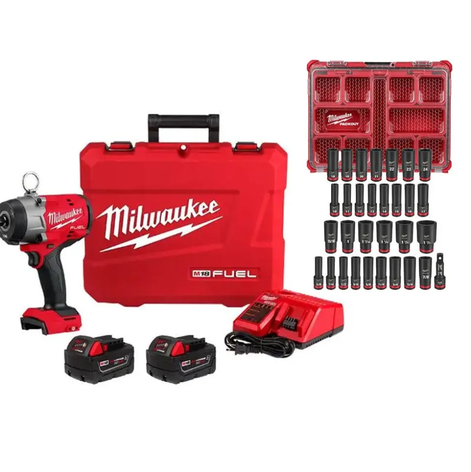 Milwaukee M18 FUEL 1/2" High Torque Impact Wrench Pin Detent Kit + 31pc. Impact Duty Metric/SAE PACKOUT Deep Socket Set Bundle KIT-2966-22-49-66-6806