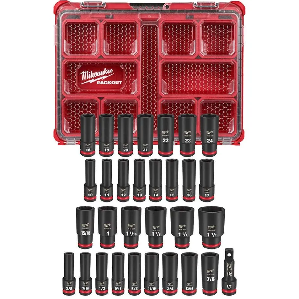 Milwaukee M18 FUEL 1/2" High Torque Impact Wrench Pin Detent Kit + 31pc. Impact Duty Metric/SAE PACKOUT Deep Socket Set Bundle KIT-2966-22-49-66-6806
