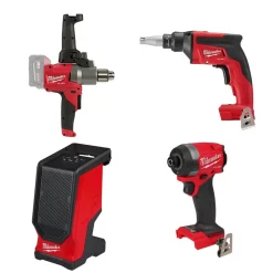 Milwaukee M18 FUEL Drywall Screw Gun, 180Â° Handle Mud Mixer, 1/4" Hex Impact Driver & Bluetooth Speaker Bare Tool Bundle