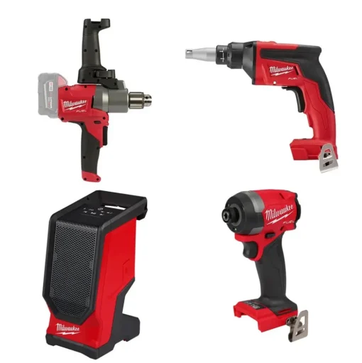Milwaukee M18 FUEL Drywall Screw Gun, 180Â° Handle Mud Mixer, 1/4" Hex Impact Driver & Bluetooth Speaker Bare Tool Bundle
