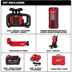 Milwaukee M18 Green Interior Rotary Laser Level Kit w/ Remote/Receiver & Wall Mount Bracket 3702-21