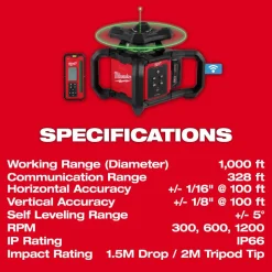 Milwaukee M18 Green Interior Rotary Laser Level Kit w/ Remote/Receiver & Wall Mount Bracket 3702-21