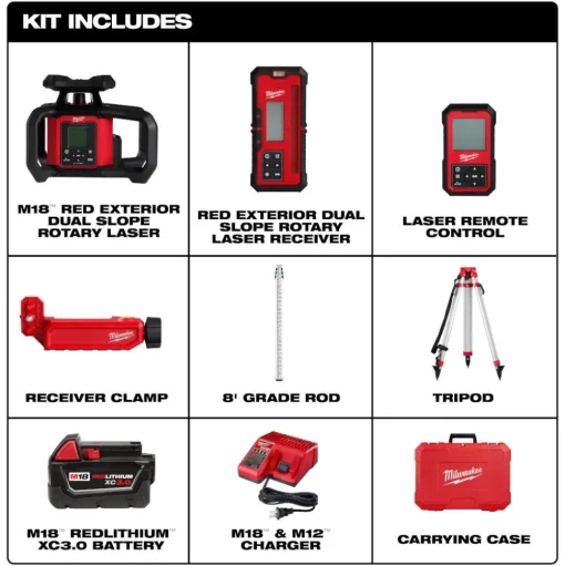 Milwaukee M18 Red Exterior Dual Slope Rotary Laser Level Kit w/ Receiver, Remote, Grade Rod & Tripod 3704-21T