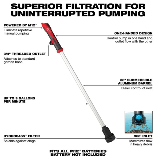 Milwaukee M12 Stick Transfer Pump 9 GPM Water (Bare Tool) 2579-20