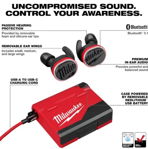 Milwaukee REDLITHIUM USB Bluetooth Jobsite NRR25 Ear Buds 2191-21