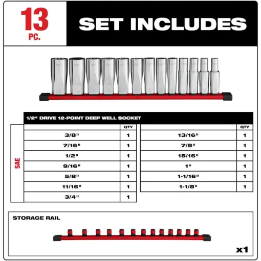 Milwaukee Tool 13pc 1/2" Drive 12-Point Deep Well SAE Socket Set 48-22-9424