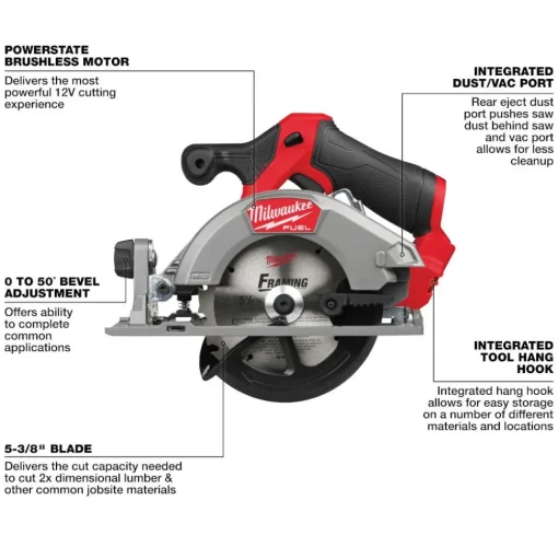Milwaukee Tools (2) M12 REDLITHIUM HIGH OUTPUT XC5.0 Battery Pack and M12 FUEL 5-3/8" Circular Saw KIT-48-11-2450-48-11-2450-2521-20