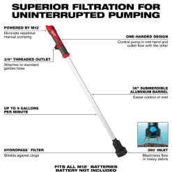 Milwaukee Tools (2) M12 REDLITHIUM HIGH OUTPUT XC5.0 Battery Pack and M12 Stick Transfer Pump 9 GPM Water (Bare Tool) KIT-48-11-2450-48-11-2450-2579-20