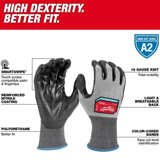 Milwaukee Tools Cut Level 2 High-Dexterity Polyurethane Dipped Gloves 48-73-872