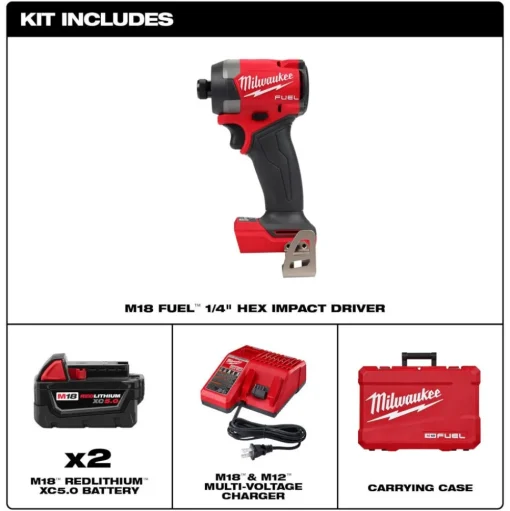 Milwaukee Tools M18 FUEL 1/4" Hex Impact Driver Kit and M18 Red Lithium 5.0 Ah XC Battery 2 PACK KIT-2953-22-48-11-1852
