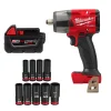 Milwaukee Tools M18 FUEL 1/2" Mid-Torque Impact Wrench w/ Friction Ring (Bare Tool), M18 REDLITHIUM XC5.0 Resistant Battery, and 9 Piece Shockwave Impact Duty 1/2" Drive SAE Deep 6 Point Socket Set KIT-2962-20-48-11-1850R-49-66-7022