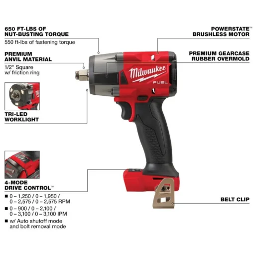 Milwaukee Tools M18 FUEL 1/2" Mid-Torque Impact Wrench w/ Friction Ring (Bare Tool), M18 REDLITHIUM XC5.0 Resistant Battery, and 9 Piece Shockwave Impact Duty 1/2" Drive SAE Deep 6 Point Socket Set KIT-2962-20-48-11-1850R-49-66-7022