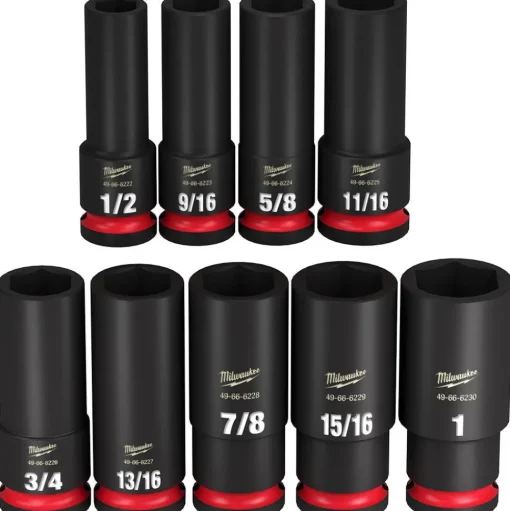 Milwaukee Tools M18 FUEL 1/2" Mid-Torque Impact Wrench w/ Friction Ring (Bare Tool), M18 REDLITHIUM XC5.0 Resistant Battery, and 9 Piece Shockwave Impact Duty 1/2" Drive SAE Deep 6 Point Socket Set KIT-2962-20-48-11-1850R-49-66-7022