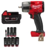Milwaukee Tools M18 FUEL 3/8" Mid-Torque Impact Wrench w/ Friction Ring (Bare Tool), M18 REDLITHIUM XC5.0 Resistant Battery, and 8 Piece Shockwave Impact Duty 3/8" Drive Metric Deep 6 Point Socket Set KIT-2960-20-48-11-1850R-49-66-7021