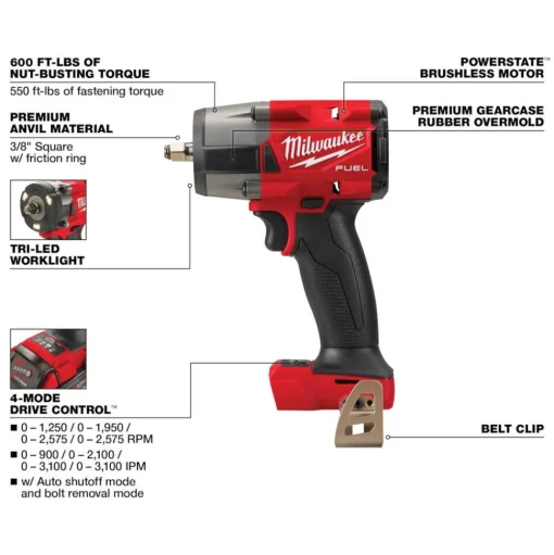 Milwaukee Tools M18 FUEL 3/8" Mid-Torque Impact Wrench w/ Friction Ring (Bare Tool), M18 REDLITHIUM XC5.0 Resistant Battery, and 8 Piece Shockwave Impact Duty 3/8" Drive Metric Deep 6 Point Socket Set KIT-2960-20-48-11-1850R-49-66-7021