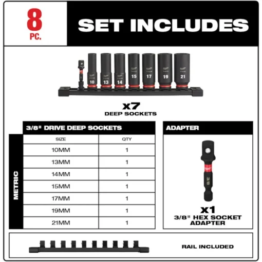 Milwaukee Tools M18 FUEL 3/8" Mid-Torque Impact Wrench w/ Friction Ring (Bare Tool), M18 REDLITHIUM XC5.0 Resistant Battery, and 8 Piece Shockwave Impact Duty 3/8" Drive Metric Deep 6 Point Socket Set KIT-2960-20-48-11-1850R-49-66-7021